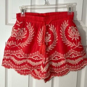 Solitaire boho embroidered shorts coral white draw string waist tassels sz SM